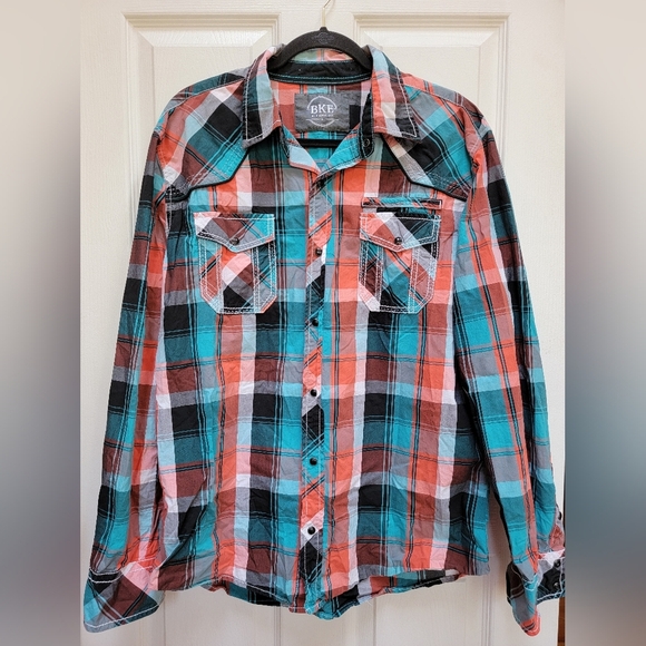 BKE Mens Pearl Snap Colorful Plaid Western Athletic Fit Shirt Size Large - Picture 1 of 3